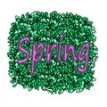 Inscription Spring letters floral. Font flowers. Background of green leaves. Vector illustration on isolated background