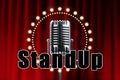 The inscription stand-up, Retro microphone in metallic color on a background of red wings. Concept of stand-up performance, show,