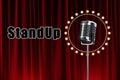 The inscription stand-up, Retro microphone in metallic color on a background of red wings. Concept of stand-up performance, show,