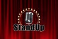 The inscription stand-up, Retro microphone in metallic color on a background of red wings. Concept of stand-up performance, show,