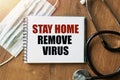 Inscription - STAY HOME. REMOVE VIRUS. Written in a notepad to remind you of what`s important. Top view of the table along with a