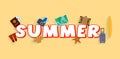 Inscription summer with icons of the given theme vector illustration