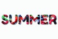 Inscription Summer made with colorful berries background. Assortment of strawberry, blueberry, raspberry, blackberry, currant,