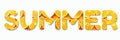 Inscription Summer made with fresh sliced orange fruit texture. Macro, top view, copy space, banner. Text for your design. Food Royalty Free Stock Photo