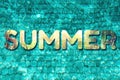 Inscription Summer made with palms and turquoise swimming pool water background. Copy space, top view. Close up abstract water Royalty Free Stock Photo