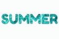Inscription Summer made with turquoise swimming pool water background. Copy space, top view. Close up abstract water texture. Text Royalty Free Stock Photo