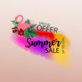 Hello summer sign text with tropical leaves over square frame art abstract watercolor background brush paint texture design. Royalty Free Stock Photo