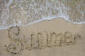 Inscription summer on a sandy beach and sea wave