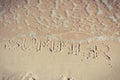 Inscription summer and sea wave on sand at beach. Vacation time Royalty Free Stock Photo