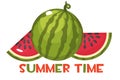 The inscription summer time and juicy ripe watermelon.