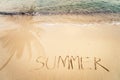 Inscription Summer written on the sandy beach with ocean wave and palm tree shadow