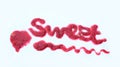 The inscription `Sweet` written topping on a white background.  The inscription `Sweet`, written in strawberry jam. Love concept. Royalty Free Stock Photo