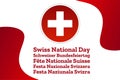 Inscription Swiss National Day in German, French, Italian, Romansh, English. Holiday concept. Template for background Royalty Free Stock Photo