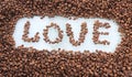 The inscription on the table made of coffee beans, love. Royalty Free Stock Photo