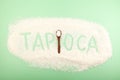 Inscription Tapioca of tapioca pearls on green background. White small sago balls in wooden spoon. Top view, design element Royalty Free Stock Photo