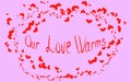 Inscription Together in a red heart surrounded by lesser hearts, postcard, Valentine day.