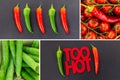 Inscription TOO HOT vegetable set collage on a dark background red green symmetrical chili mix tomatoes cherry pods peas Royalty Free Stock Photo