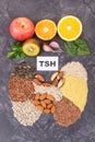 Inscription TSH and thyroid shape made of healthy ingredients. Source natural vitamins Royalty Free Stock Photo