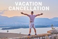 Vacation cancellation and man standing with raised hands outdoor Royalty Free Stock Photo