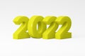 Inscription 2022. Volumetric yellow plastic numbers on a white background. 3d render