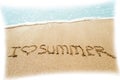 Inscription on wet sand I LOVE SUMMER with a painted heart. Concept photo of summer vacation Royalty Free Stock Photo
