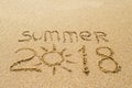 Inscription on wet sand SUMMER 2018. Concept photo of summer vacation Royalty Free Stock Photo