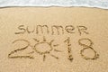 Inscription on wet sand SUMMER 2018. Concept photo of summer vacation Royalty Free Stock Photo