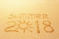 Inscription on wet sand SUMMER 2018. Concept photo of summer vacation Royalty Free Stock Photo