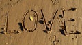 The inscription on the wet sand. The word love Royalty Free Stock Photo