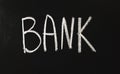The inscription white chalk on a black board with the hand the word Bank
