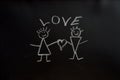 The inscription is white chalk on a blackboard: love