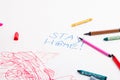 inscription on white paper stay home, felt-tip pens and wax crayons lie on drawing paper, child`s drawing, activities with the ch Royalty Free Stock Photo