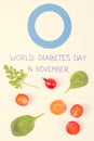 Inscription world diabetes day, symbol of fighting disease and vegetables, healthy nutrition concept Royalty Free Stock Photo