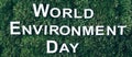 Inscription World environment day on moss, green grass background. Top view. Copy space. Banner. Biophilia concept Royalty Free Stock Photo