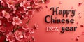 inscriptions hanging on blooming meihua plum for happy Chinese New Year, banner Royalty Free Stock Photo