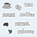 The inscriptions tea, coffee. Isolated cafe stickers