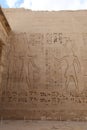 Inscriptions on the walls of the mortuary temple of Medinet Habu in Luxor in Egypt