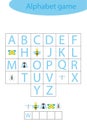 Insect alphabet game for children, make a word, preschool worksheet activity for kids, educational spelling scramble