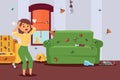 Insect in apartment, pest control, character of woman in panic, bug attack flat vector illustration. Infected room