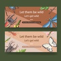 Insect and bird banner design with dragonfly, butterfly, beetle watercolor illustration Royalty Free Stock Photo