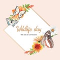Insect and bird wreath design with butterfly and flowers watercolor illustration