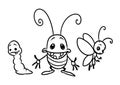 Insect characters beetle butterfly caterpillar cartoon illustration coloring page