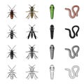 Insect cockroach, wasp, caterpillar, worm. Insects set collection icons in cartoon black monochrome outline style vector