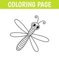 Insect coloring page, cute print with line dragonfly. Printable worksheet with solution for school and preschool.