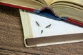 Pest books and newspapers. Insect feeding on paper - silverfish of several pieces near the open book. Royalty Free Stock Photo