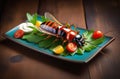 Insect food,appetizing beetle on plate with vegetables,cockroach on plate,green lettuce leaves with tomato and lemon