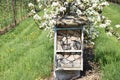 Bee hotel alongside an orchard Royalty Free Stock Photo