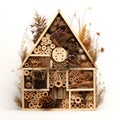 Insect hotel isolated on white created with Generative AI. Little house for various insects.