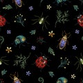 Insect pattern. Garden embroidery branch and beetle, silk stitch vintage ethnic seamless texture. Flowers and spider