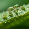 Insect pests aphids on a green leaf and dew drops, close-up